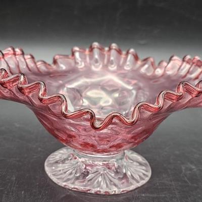 Blown Art Glass Cranberry Bowl w/ Clear Stem & Ruffled Rim
