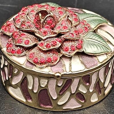 Enameled Cloisonné Red Rose Brass Trinket Box