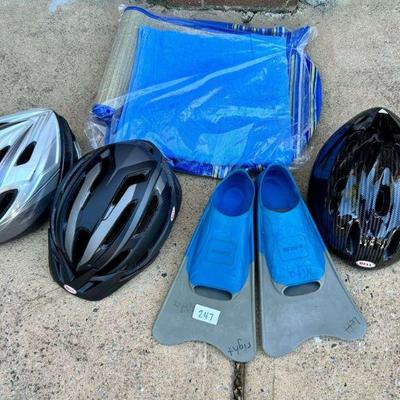 Lot of Bicycle Helmets, Swimming Fins and More