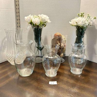7pc Clear Glass Vases with Aritifical Flowers and More