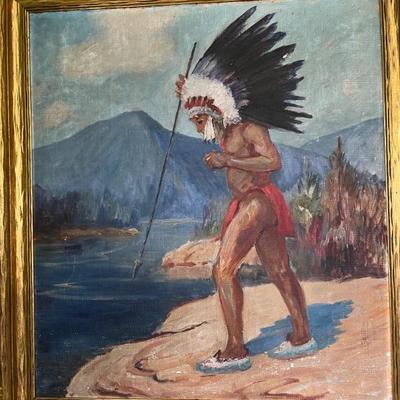 Early 20th C oil painting on canvas of an Indian chief, signed Flower