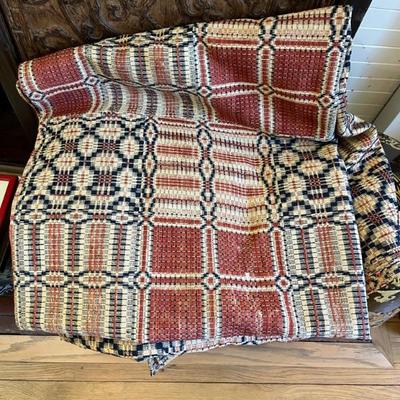 Mid 19th century hand woven overshot coverlet in red, white and blue