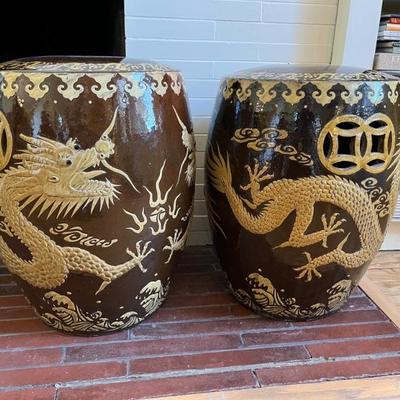 Pair of vintage Chinese garden seats, brown and gold with dragons