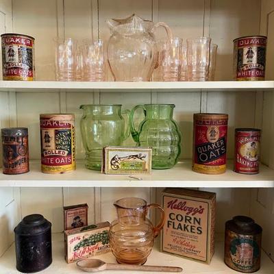 Lots of Depression glass in uranium  green and pink, Fenton, Tiffin, and more