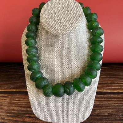 Strand of large tumbled green glass beads, like sea glass