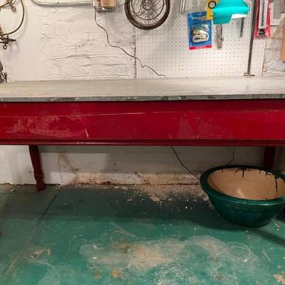 fabulous, antique, rustic work table, painted red base with a gray top, amazing for a kitchen, modern farmhouse, steampunk, industrial...