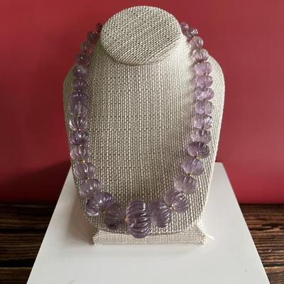 Carved amethyst beaded necklace with 14K gold clasp