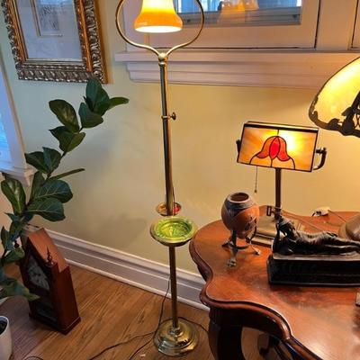 antique smoking stand floor lamp with aurene shade, brass