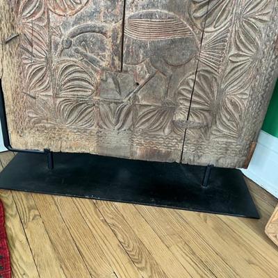 Antique hand carved Indian door panel, still has remnants of original paint, mounted on a metal base, really amazing decor piece
