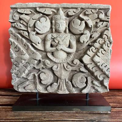 12th century Khmer carved stone lintel piece with Buddha
