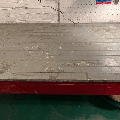 fabulous, antique, rustic work table, painted red base with a gray top, amazing for a kitchen, modern farmhouse, steampunk, industrial...