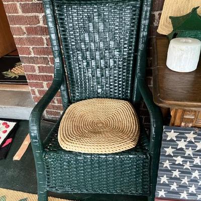 Vintage and antique wicker furniture, chairs, settees, desks, tables and lamps, including Haywood Wakefield