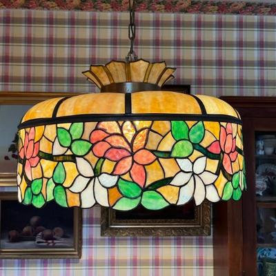 Cincinnati Ironworks hanging stained glass shade with slag glass, flowers and vines