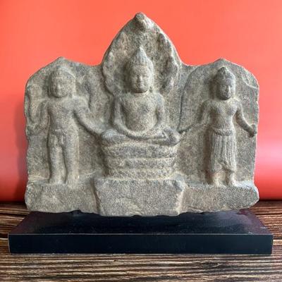 12th century Khmer triple Buddha stone carved panel