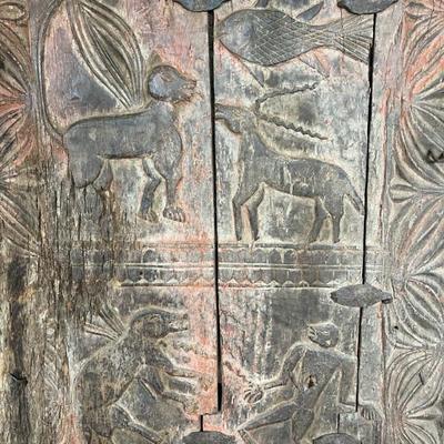 Antique hand carved Indian door panel, still has remnants of original paint, mounted on a metal base, really amazing decor piece