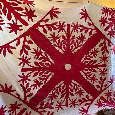 Vintage handmade Hawaiian quilt, red and white