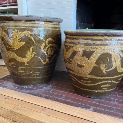 Pair of vintage large Chinese urns, brown and gold with dragons