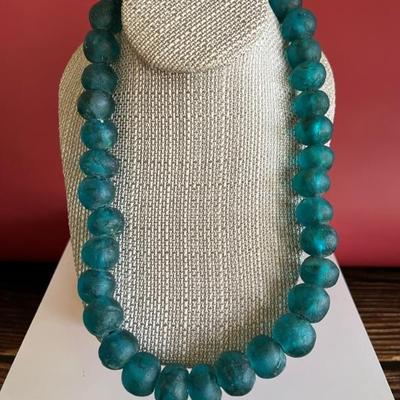 Strand of large tumbled turquoise glass beads, like sea glass