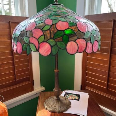 Cincinnati Ironworks stained glass lamp shade, fruit tree, c 1910 paired with a 1920s base by Miller