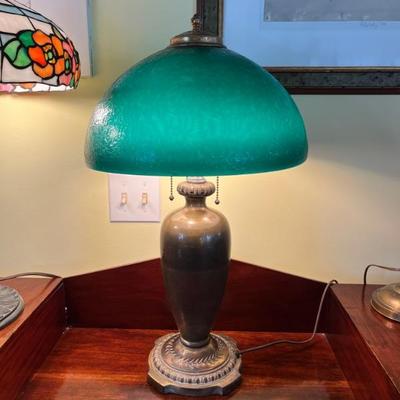 Antique Pittsburgh Glass lamp with green case glass â€œchipped iceâ€ shade and original brass base