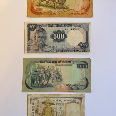 Vintage and antique stamps, coins and currency from Vietnam, Thailand, New Zealand and Cambodia, much if it is pre-Vietnam War, colonial era
