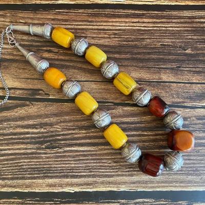 Middle Eastern necklace with large silver and amber beads
