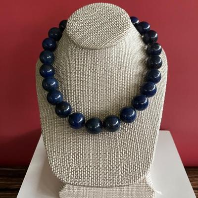 Large lapis lazuli beaded necklace with silver clasp