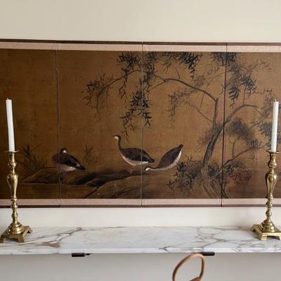Very pretty vintage Japanese screen, hand painted, birds and trees