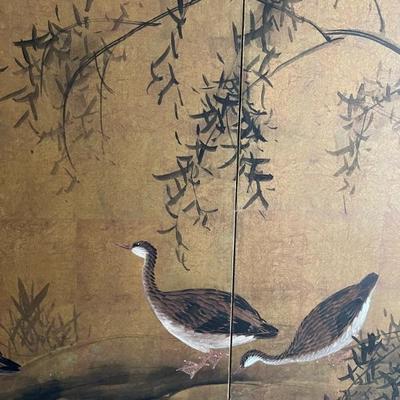 Very pretty vintage Japanese screen, hand painted, birds and trees