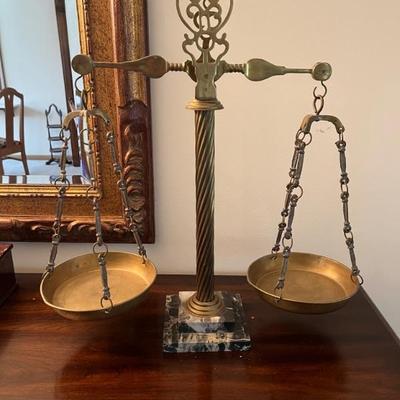 great set of mid century brass scales with a marble base