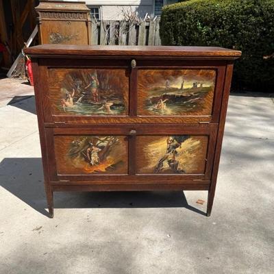 1920s hand painted oak cabinet for Edison Diamond Disc records, painted with scenes from Norse mythology 