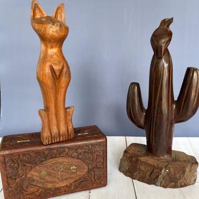 Lots of pretty decor items including 1920s Van Briggle pottery, Santa Clara Pueblo pottery, Mexican statues, carved wooden elephants,...