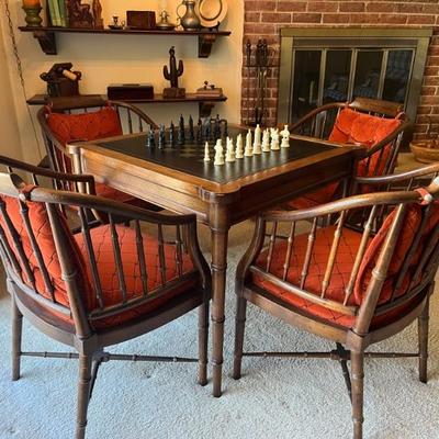 Lovely Drexel mid century gaming table with 4 chairs with original dark orange velveteen cushions (so groovy!), bamboo craved legs, very...