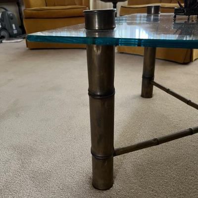 Mid century Maison Bagues style square coffee table, antique brass bamboo legs and X supports anchoring a glass top, very Hollywood Regency