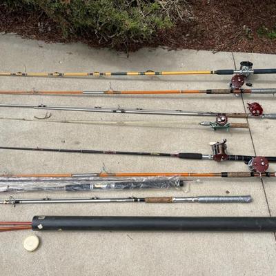 lots of fishing gear--rods, left handed reels, lures, nets, tackle boxes, Sears Ted Williams trolling motor
