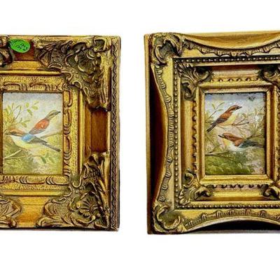 PAIR OF GOLD GILT FRAMED MINIATURE OIL ON BOARD BIRD PAINTINGS
