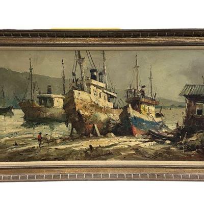 DURVAL PEREIRA (1918-1954) FISHING BOATS OIL PAINTING