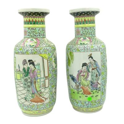 PAIR LARGE CHINESE ROSE CANTON PORCELAIN VASES 18"