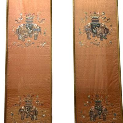PAIR 18th c CHINESE SILK EMBROIDERED CHAIR STRIPS