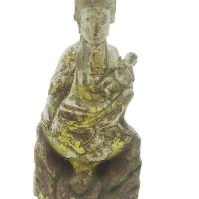 ANTIQUE CHINESE CARVED GUANYIN & CHILD