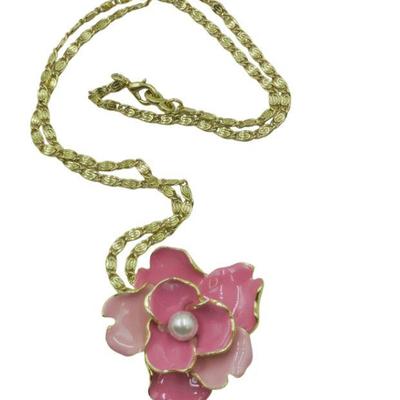 VINTAGE KENNETH JAY LANE ENAMEL PINK FLOWER NECKLACE