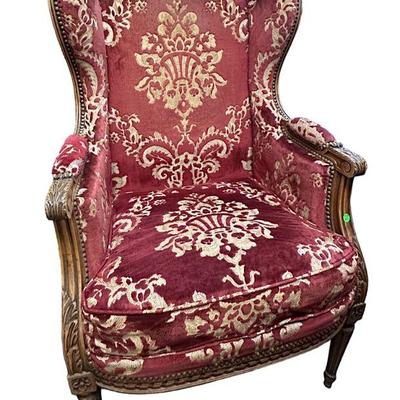 19th c LOUIS XVI RED VELVET DAMASK WINGBACK CHAIR