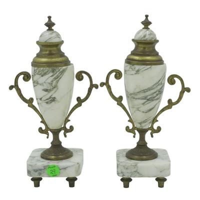 PAIR 19TH C FRENCH MARBLE & BRONZE URNS GARNITURE