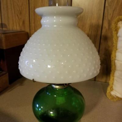 Green glass oil lamp/hobnail shade