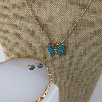 14K Yellow Gold Opal Triplet & Diamond Butterfly Pendant Brooch on 14K Gold Snake Chain & Earrings