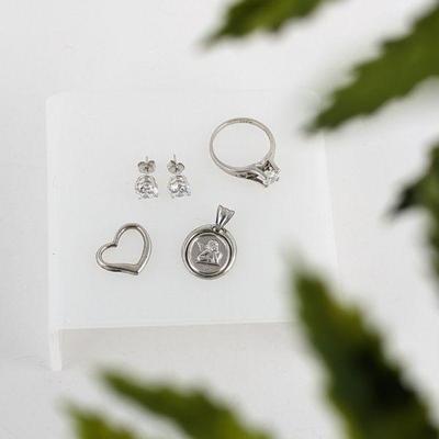 Platinum & CZ Ring & Earrings with Angel & Open Heart Pendants