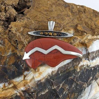 American West by Relios Inc. Carolyn Pollack Sterling Silver Red Jasper Spirit Bear w/ Tiger's Eye Pendant Enhancer
