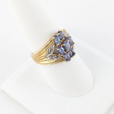 Jam Creations 10K Yellow Gold Tanzanite & Diamond Cluster Ring Vintage Gold Ring with Blue Gemstones - Intricate Design, Collectible Jewelry