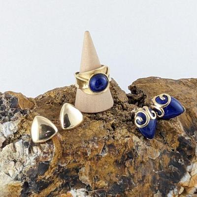 14K Yellow Gold & Lapis Lazuli Earring & Ring Lot