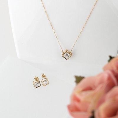 10K Yellow Gold Princess Cut CZ Necklace & Earrings Set